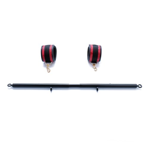 Heavy Duty Stainless Steel Expandable Black Spreader Bar with 2pcs PU Embossed Red Adjustable Straps, Sports Aid Training Fitness Gear Pilates Aid Kit,Home Indoor Sports Yoga Set