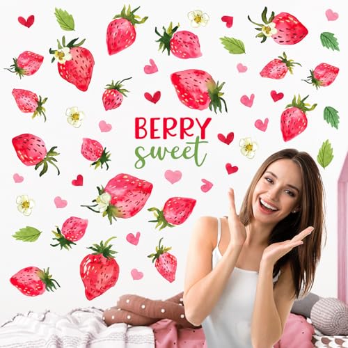Mfault Spring Summer Strawberry Wall Decals Stickers, Berry Sweet Fruit Love Heart Decorations Girls Bedroom Art, Home Kitchen Kids Room Living Room Bathroom Decor