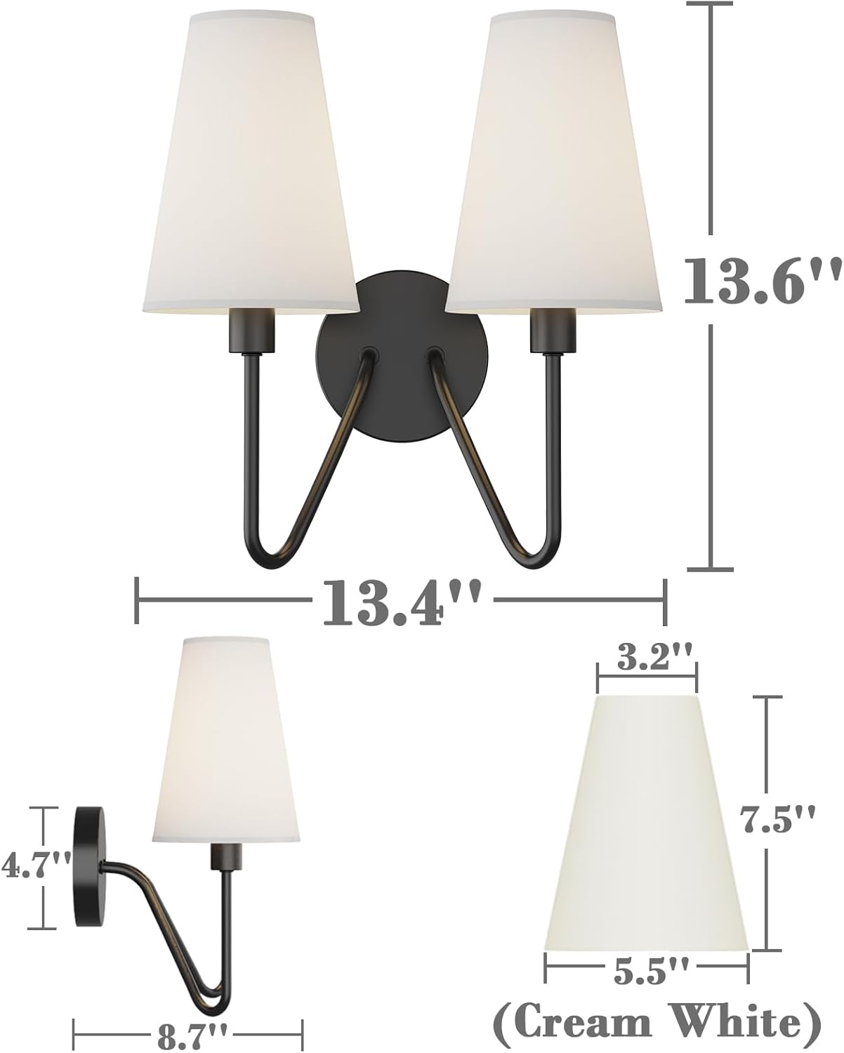 Gold Wall Sconce Lighting Fixture - Set of 2 Classic E12 Hardwired Lamps with Cream Shades