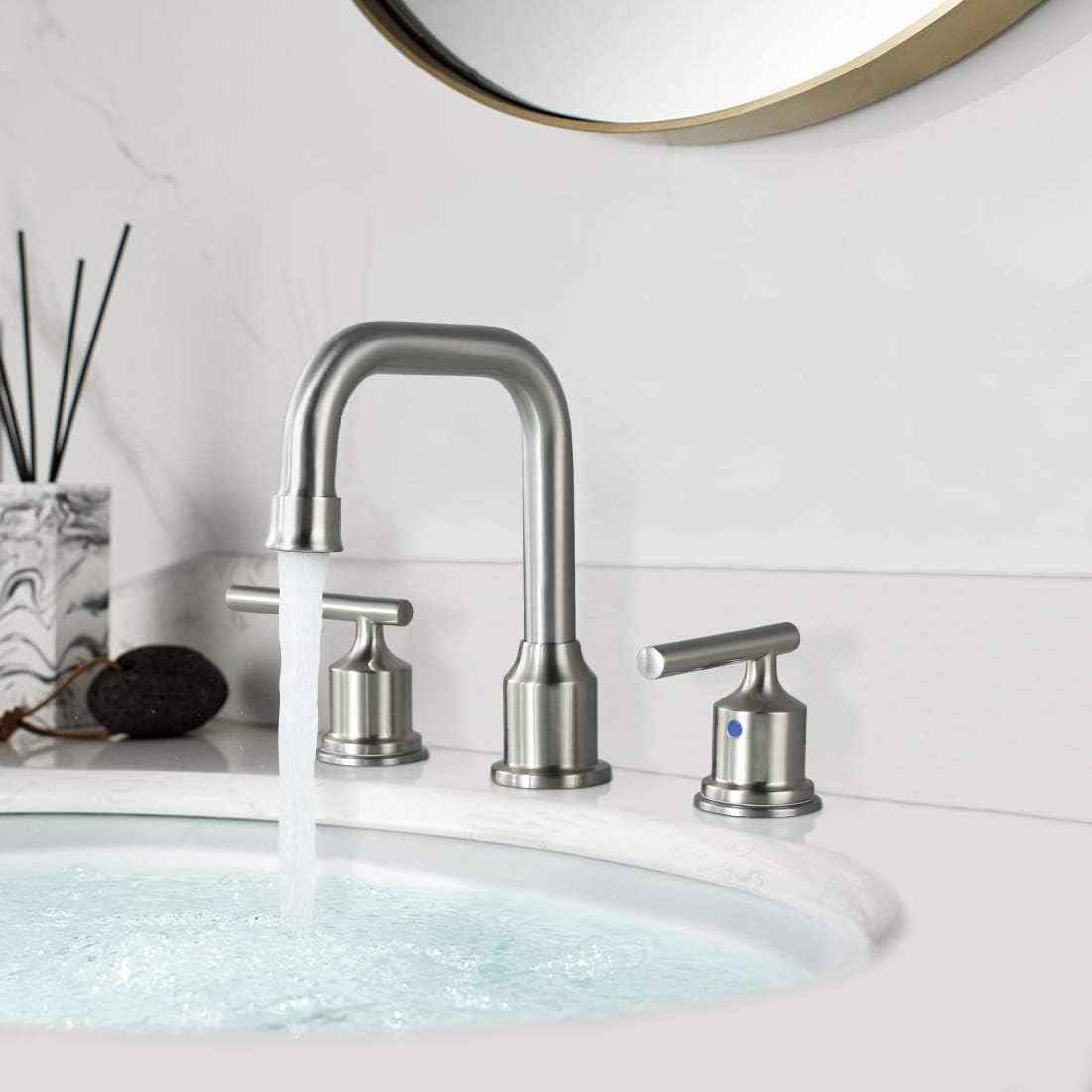 Brushed Nickel 8-Inch Widespread Bathroom Faucet with 360° Swivel Spout - Modern 2 Handle Lavatory Sink Fixture