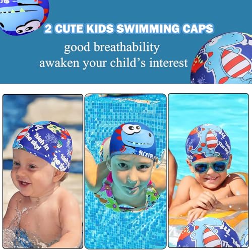 2-Pack Cartoon Swimming Caps - Soft Elastic Polyester Swim Hats for Kids
