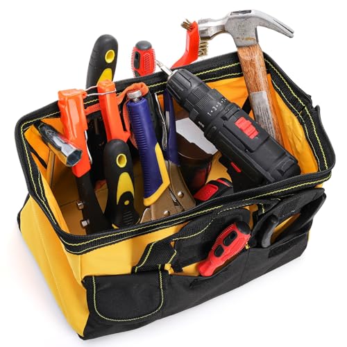 3 Pack 13 Inch Tool Bag, Wide Mouth Tool Tote Bag with Waterproof Base, Heavy Duty Tool Storage Bag Organizer for Various Tools, 5 Pockets, Blue, Yellow, Red