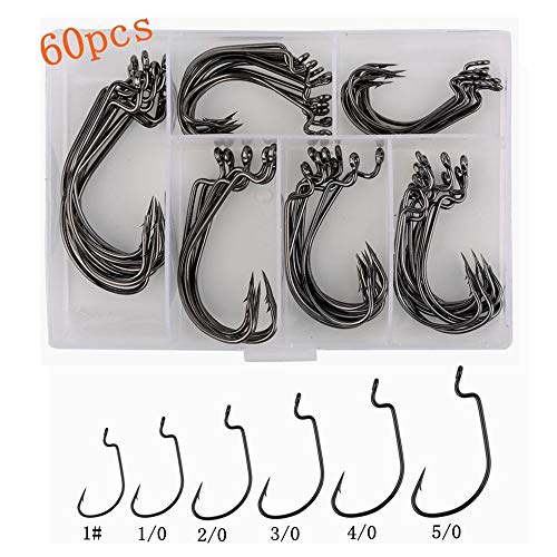 60pcs High Carbon Steel Offset Worm Hooks with Plastic Box
