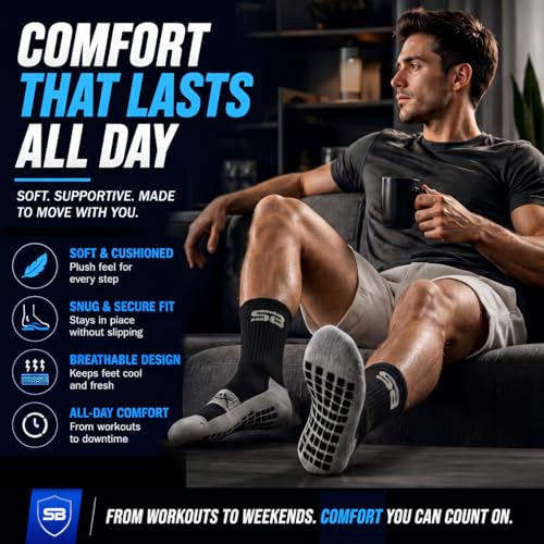 Athletic Non-Slip Grip Socks for Men - Black (2-Pair Set)