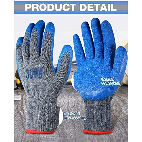 Haysandy 36 Pairs Large Rubber Latex Double Coated Gloves Blue Latex Rubber Hand Coated Safety Work Gloves for Construction Gardening for Men