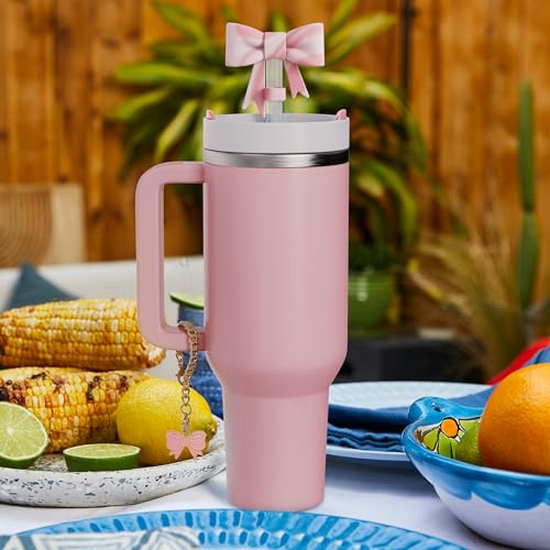 Bow Straw Topper Set - 3PCS Pink & White Charms for Tumblers