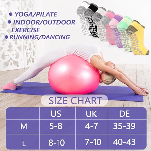 Non-Slip Yoga & Pilates Grip Socks - 4 Pairs, Women's Size 5-10 - Black+Grey+Pink+Purple