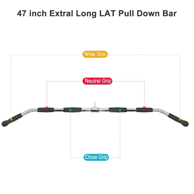 plzzree 47in LAT Pulldown Bar Attachment with Heavy Duty Solid Curl Bar, Full Rotation and Rubber Handle Strength Workout for Gym Home Pulley System Cable Attachments