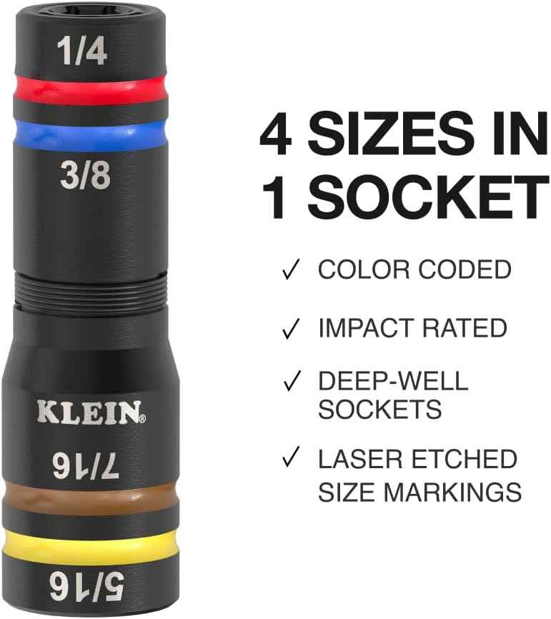 Klein Tools KNECT Quad Socket Set - 4-in-1 Color Coded, Heavy-Duty SAE Impact, 12 Sizes