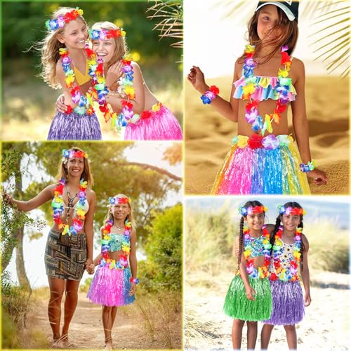 Fortuning's JDS Girl Elastic Hawaiian Hula Skirt Set with Flower - Blue/Yellow/Pink