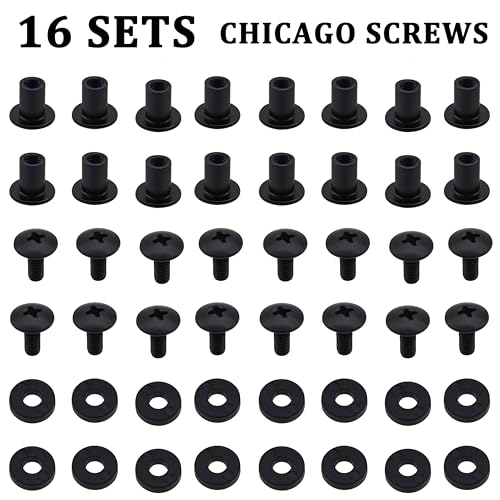 Chicago Screws Set - 16 Black Fasteners with Rubber Washers