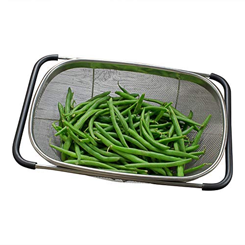 Over the Sink Colander Stainless Steel with Expandable Rubber Handles, Fine Mesh Strainer for Fruits & Vegetables