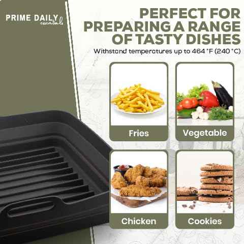 Prime Daily Essentials Silicone Air Fryer Toaster Oven Tray Liner – Extra-Large Capacity, Microwave Safe, Easy Cleanup - Includes Mitts & Tongs