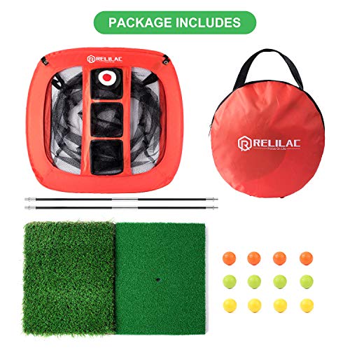 RELILAC Golf Practice Net Set with 1 Net, 2 Mat, 12 Foam Balls – Indoor/Outdoor Chipping Target for Golfers, Gifts for Men, Women, Kids, Dad, Husband