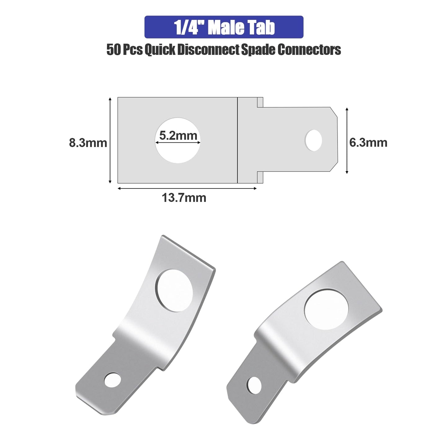 50 Pcs Quick Disconnect Spade Connectors, Non-Insulated, Solderless, 1/4" Male Tab, 10 Stud Ring Crimp, Ideal for Copper Wiring and Electrical Tasks