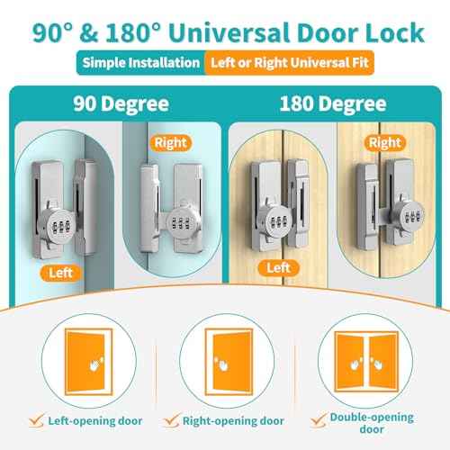 90/180 Degree Mechanical Combination Door Lock, Zinc Alloy Keyless Sliding Barn Locks for Bedroom, Shed, Window, Cabinet - 3 Digit Password Security Flip Gate Latches (1, Silver)