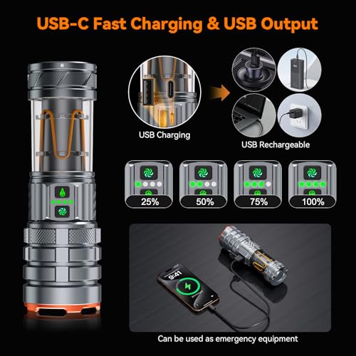 LED Flashlights High Lumens Rechargeable, 90000 High Lumens Super Bright Flashlight Camping with 11 Modes & Waterproof, Powerful Handheld Flashlight for Camping Emergencies, Outdoor, Hiking, Working