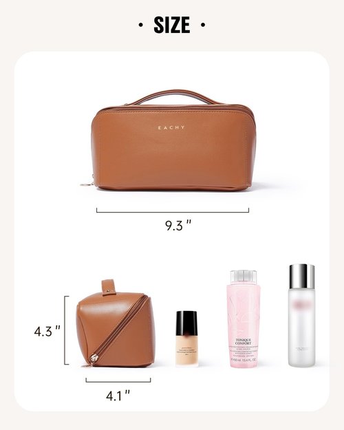 EACHY Travel Makeup Bag - Large Capacity Waterproof PU Leather Cosmetic Organizer | Portable Toiletry Bag for Skincare & Brushes