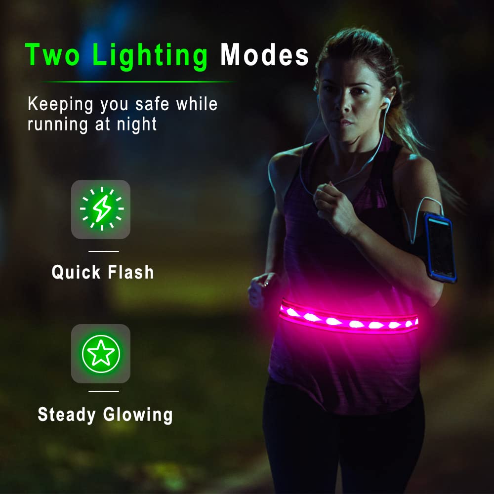 BSEEN LED Running Waist Belt - USB Rechargeable Reflective Glowing LED Waistband, Flashing Safety Light Belt for Runners, Joggers, Walkers, Pet Owners, Cyclists in Candy Pink