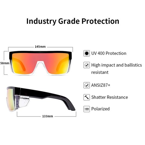 BINGKING Safety Sunglasses, Polarized, ANSI Z87+ Certified, Ultra UV 400 Protection, Mirror Lenses and Black Frame, Men, Women, Outdoor/Sports, Surf, Construction, Work, PPE (Two tone Red mirror)