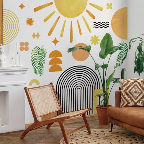 Creative Boho Half Sun Wall Decals Abstract Line Rainbow Wall Sticker DIY Removable Sun Minimalist Aesthetic Tropical Leaf Flowers Painting Decor for Kids Girls Bedroom Living Room Nursery Decoration