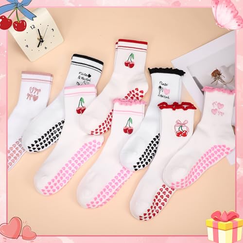 Non-Slip Pilates Grip Yoga Socks for Women - 6 Pairs, Black+Pink+Red