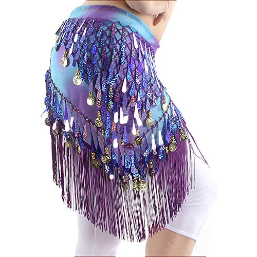 Purple Belly Dance Hip Scarf with Tassels Sequins & Coins - One Size Lauthen.S