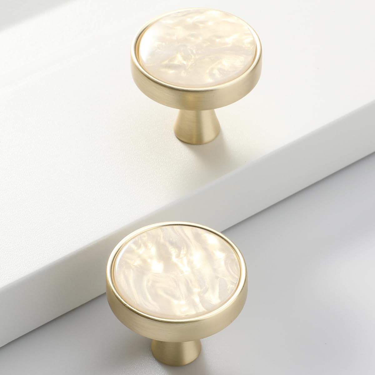 AENZOOY 2 Pack Round Yellow Pearl Gold Cabinet Knobs, 1.2" Brushed Gold, Classic Modern Style, Drawer & Cabinet Hardware