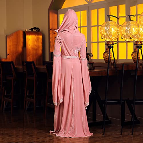 Women's Medieval Hooded Velvet Dress - Pink, Small