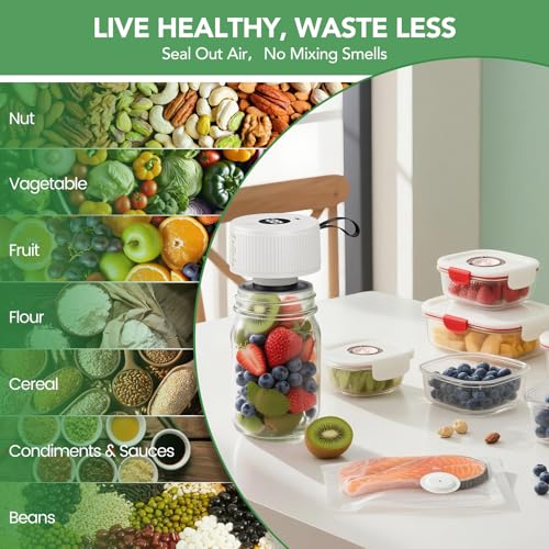 Electric Mason Jar Vacuum Sealer Kit with Reusable Lids & Bags for Food Preservation
