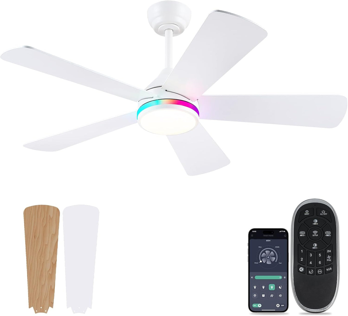 46” Black Low Profile Ceiling Fan with Lights & Remote Control - Dimmable, Noiseless, Reversible for Bedroom