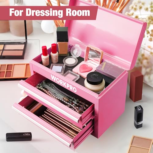 WORKPRO Mini Metal Tool Box with 2 Drawers and Top Storage, Small Tool Chest with PVC Liners and PP Feet Pads, Cold Rolled Steel Toolbox with Magnetic Tab - Pink Ribbon