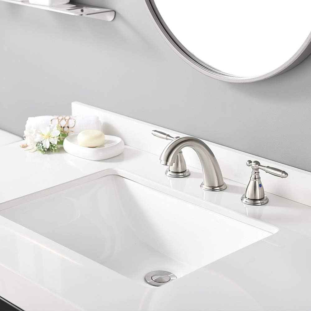 Phiestina 8-Inch Widespread Bathroom Faucet - Chrome, Lead-Free, Metal Pop-Up Drain, Model WF008-4-C