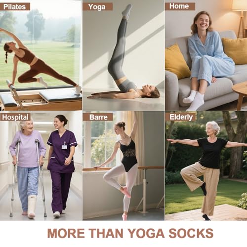 Non-Slip Grip Pilates Socks for Women - 5 Pairs, A - Purple White Pink Gray Black