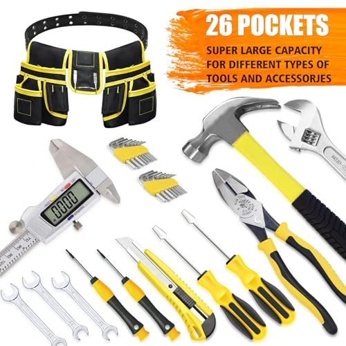 Tool Belt, Magnetic Tool Pouch with 26 Pockets for Men Heavy Duty Tool Pouch Bag, Detachable Tool Bags for Carpenter Electrician Construction (26 Pockets with Magnet Pouch)