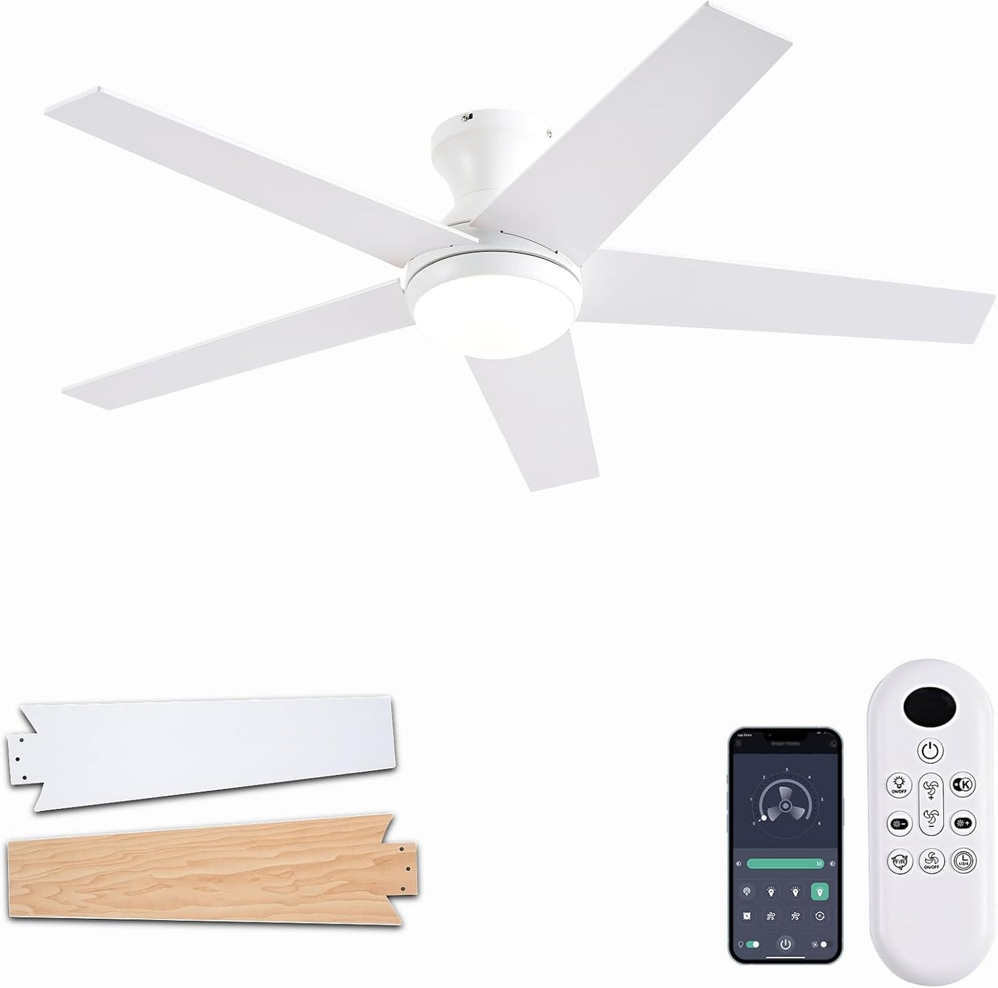 48-Inch Low Profile Ceiling Fan with Lights & Remote Control - Dimmable, Noiseless, Reversible Motor for Bedroom & Indoor/Outdoor Use