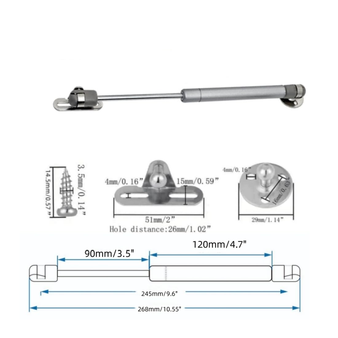 QLXHBOT Gas Struts 10 inch, 20N/4.4lb Gas Springs, Lift Support, Lid Stay, Silver 2Pcs