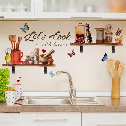 Bowl Kitchenware Spice Jar Shelf Butterfly Wall Stickers, sacinora Let¡¯s Cook with Love Wall Decals Removable Vinyl Peel and Stick for Kitchen Dining Restaurant Baking Room Bar Home Decor