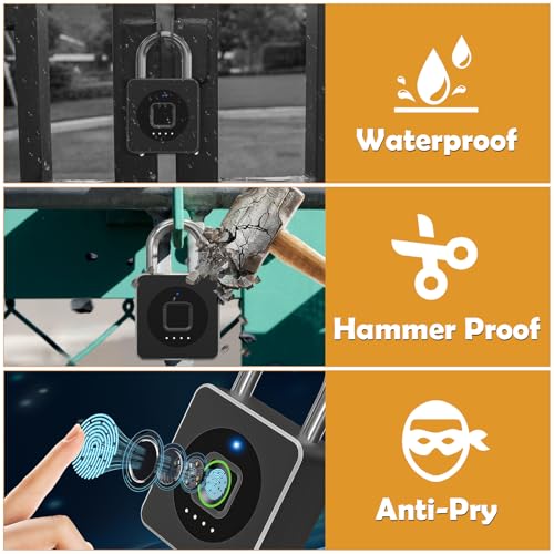 Pothunder Fingerprint Padlock with APP, Keyless Biometric Lock, Smart Waterproof Padlock Suitable for Gym, Locker, Gates, Fence and Storage