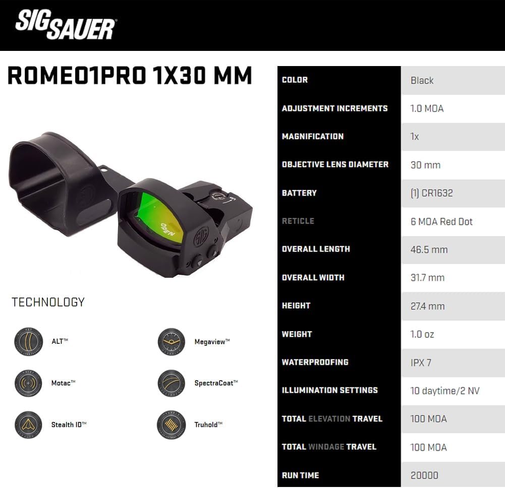 Sig Sauer ROMEO1PRO Red Dot Sight - 1x30mm 6 MOA | Compact, Durable, Waterproof Design