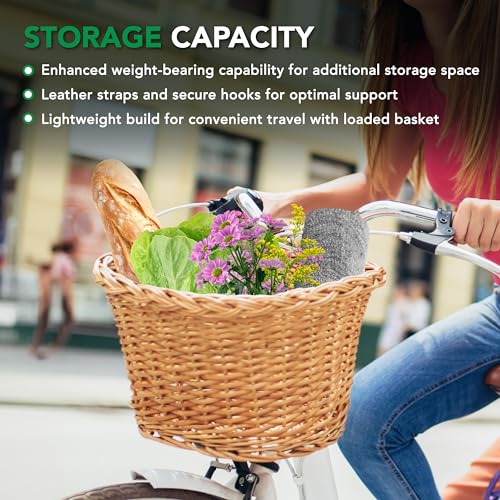 Light Brown Wicker Bicycle Basket - Detachable with Adjustable Straps