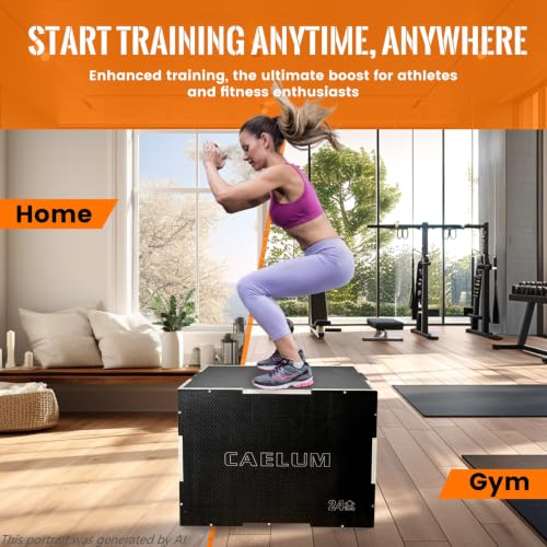 CAELUM 3-in-1 Black Wooden Plyometric Jump Box - 16 x 13 x 12 Inches, Non-Slip Gym Equipment