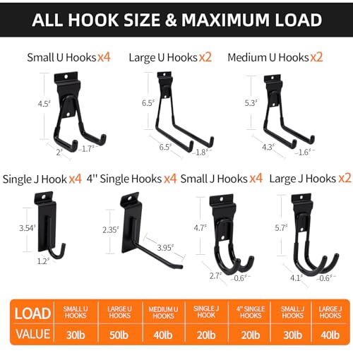Slatwall Accessories 22 PCS Heavy Duty Garage Hooks Slatwall Panel Hooks Slat Wall Hanging Hook for Bike Ladder Garage Storage System Accessory Multi Size Utility