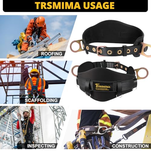 TRSMIMA Safety Harness Climbing Belt - Black Body Fall Protection Men Roof Tree Work Waist-Tongue Buckle Pad D-Ring