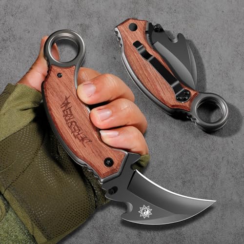 Plys Folding Karambit Knife for Tactical: 2.36 Inch Claw Knives - Portable Stainless Steel Multi-functional EDC Knife with Wood Handle and Clip Small Knives for Men