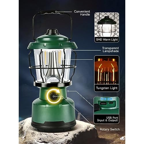 LED Camping Lantern, 2500LM Dimmable Vintage Rechargeable Lantern, Water Resistant Portable Emergency Lights for Camping, Home Power Outage, Hurricane, Hiking