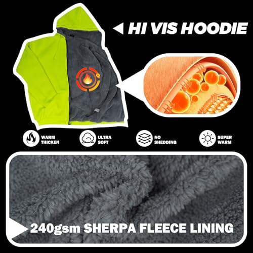 VENDACE Hi Vis Hoodie for Men Sherpa Fleece Lined Safety Sweatshirt Fleece Hoodie Zipper Construction Work Jacket Sweater