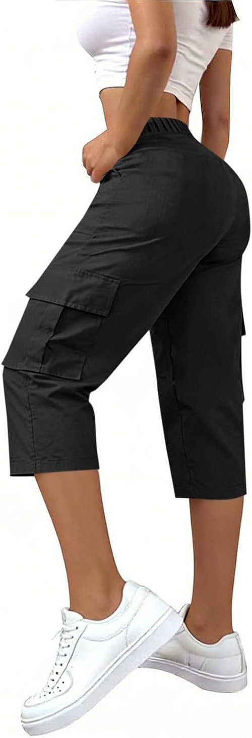 LRMQS Cargo Capris for Women - Plus Size High-Waisted Casual Pants with Pockets | Summer Cropped Style