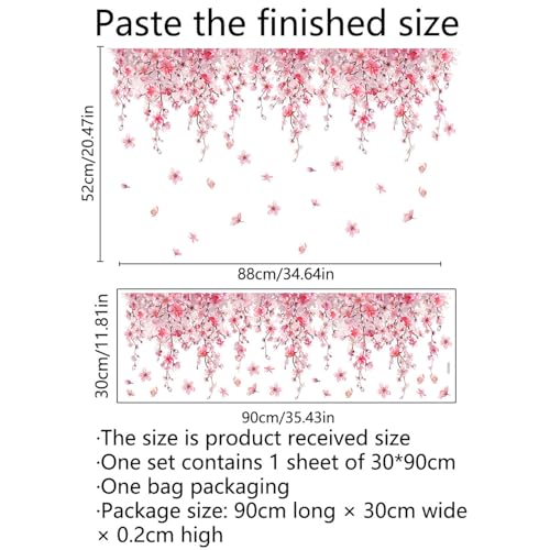 Cherry Blossom Flower Vine Wall Decal Peel and Stick Removable Floral Wall Art for Girls Bedroom Nursery Living Room Decor with Hanging Vines Blossoms