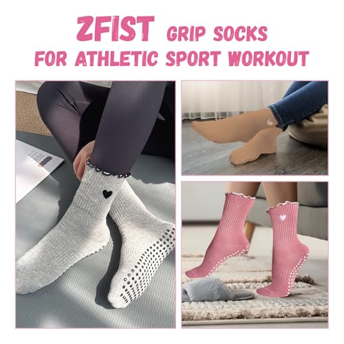 ZFiSt Pilates Grip Socks for Women - Ruffle Cotton Yoga Socks, Multi-Color Set with 6 Heart, Black, Beige, Brown, Pink - Comfortable Non-Slip Fit